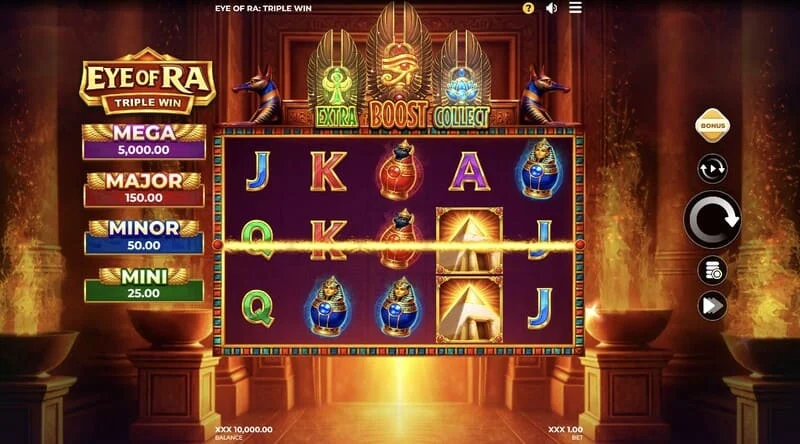 Eye of Ra Triple Win – pagrindinis žaidimo ekranas su penkiais būgnais
